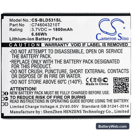 BLU Studio 5.0K Replacement Battery, 3.7V, 1800mAh, Li-ion 3