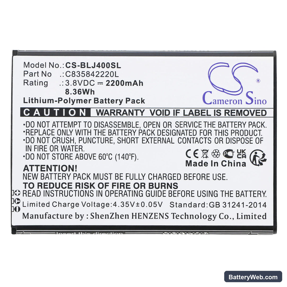 BLU J4 Replacement Battery, 3.8V, 2200mAh, Li-Polymer 3