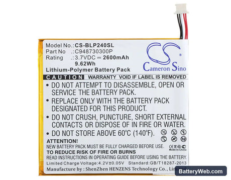 BLU TouchBook G7 Replacement Battery, 3.7V, 2600mAh, Li-Polymer 5