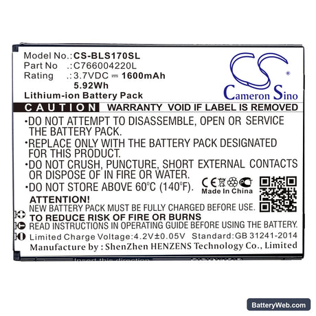 BLU Studio G HD Replacement Battery, 3.7V, 1600mAh, Li-ion 3