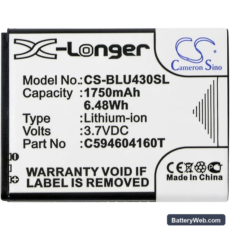 BLU VIVO 4.3 Replacement Battery, 3.7V, 1750mAh, Li-ion 3