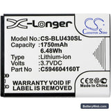 BLU VIVO 4.3 Replacement Battery, 3.7V, 1750mAh, Li-ion 3