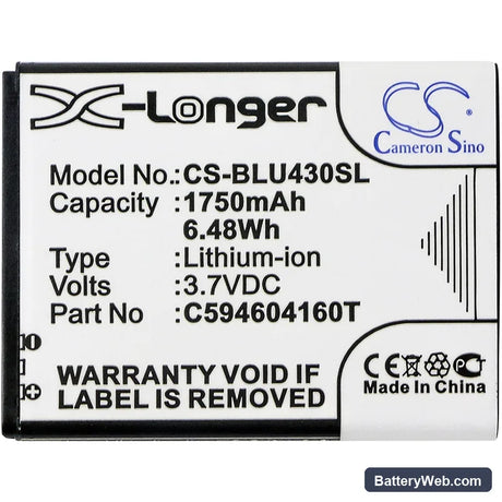 BLU VIVO 4.3 Replacement Battery, 3.7V, 1750mAh, Li-ion 3