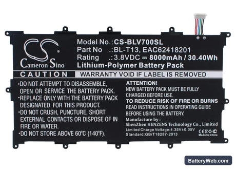LG G Pad Tablet 10.1" Replacement Battery, 3.8V, 8000mAh, Li-Polymer 1