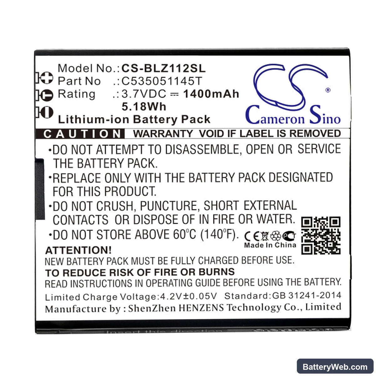 BLU Yezz Replacement Battery, 3.7V, 1400mAh, Li-ion 3