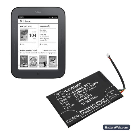 Barnes & Noble Nook Simple Touch Replacement Battery, 3.7V, 2150mAh, Li-Polymer 6