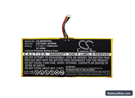 Barnes & Noble NOOK HD+9 Replacement Battery, 3.7V, 6000mAh, Li-Polymer 5
