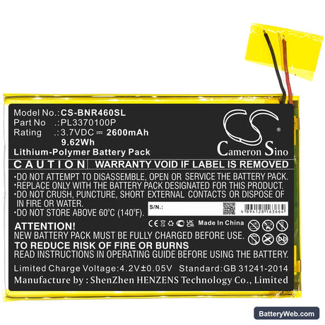 Barnes & Noble Nook 7 Replacement Battery, 3.7V, 2600mAh, Li-Polymer 3