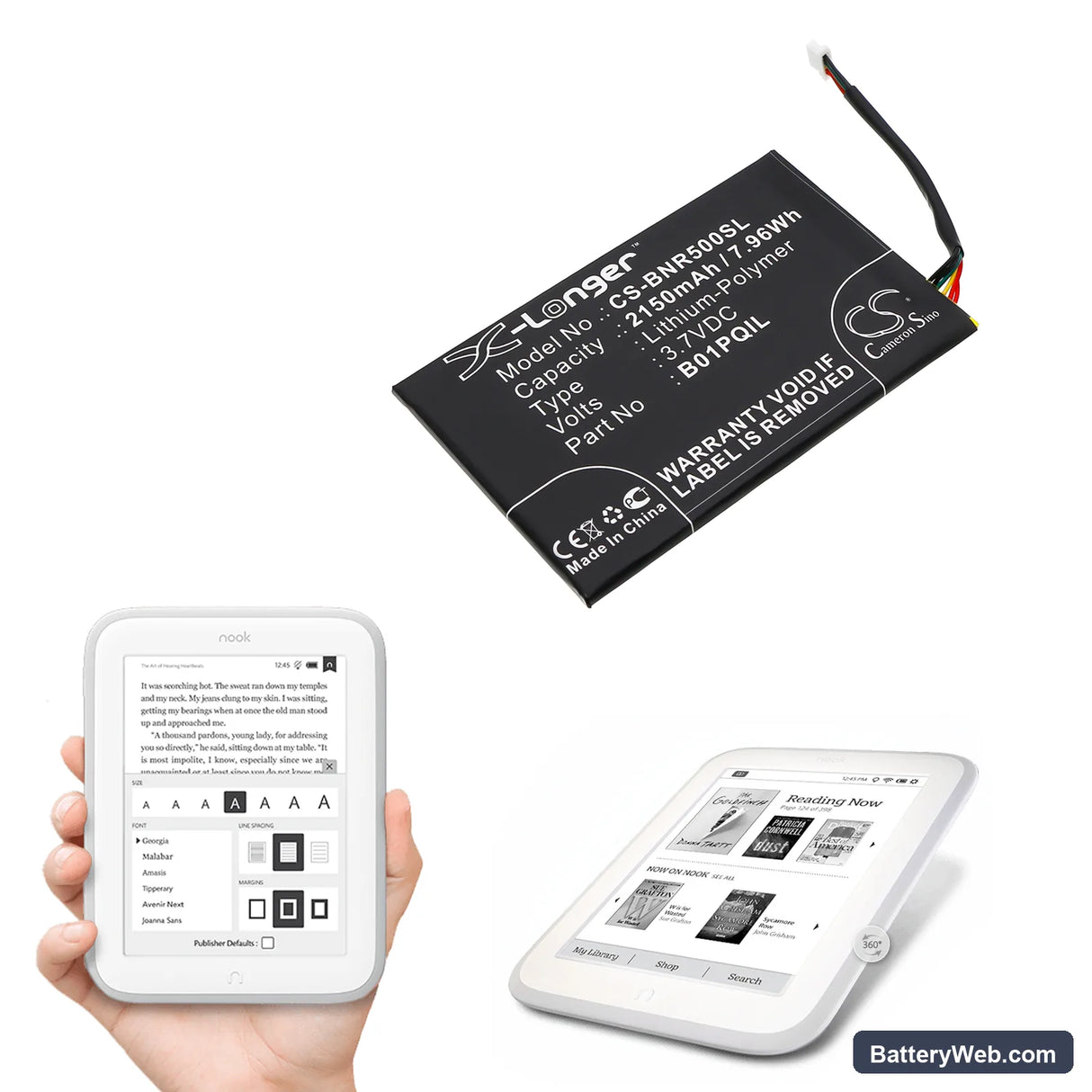 Barnes & Noble Nook Glowlight Replacement Battery, 3.7V, 2150mAh, Li-Polymer 6
