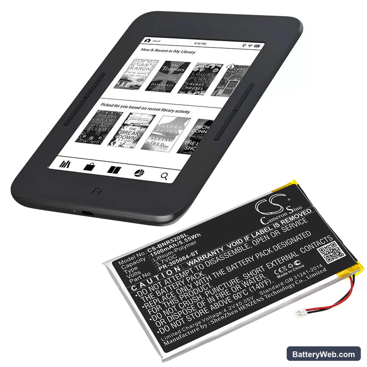 Barnes & Noble GlowLight 3 Replacement Battery, 3.7V, 1500mAh, Li-Polymer 6