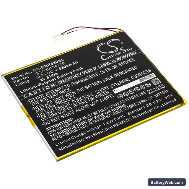 Barnes & Noble Nook 10.1 Replacement Battery, 3.8V, 6300mAh, Li-Polymer 1