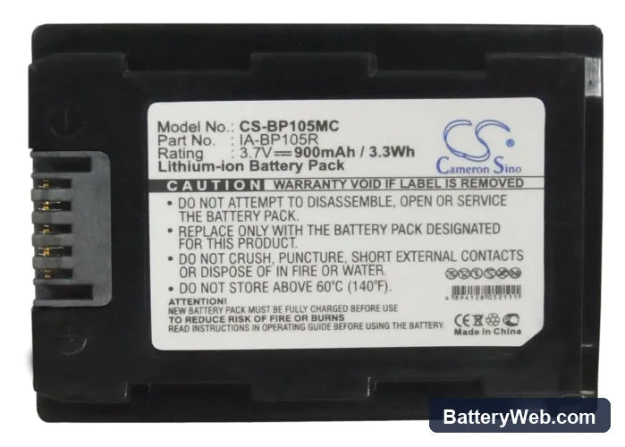 Samsung SMX-F50 Replacement Battery, 3.7V, 900mAh, Li-ion 4