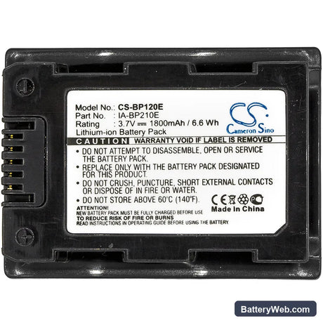 Samsung HMX-S10 Replacement Battery, 3.7V, 1800mAh, Li-ion 3