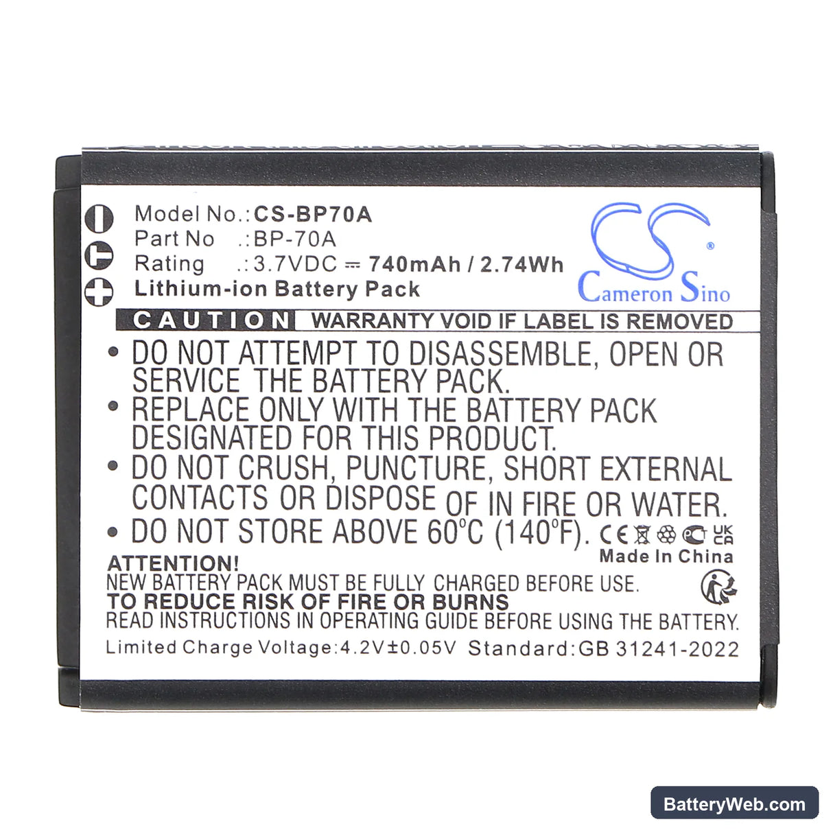 Samsung SL50 Replacement Battery, 3.7V, 740mAh, Li-ion 3