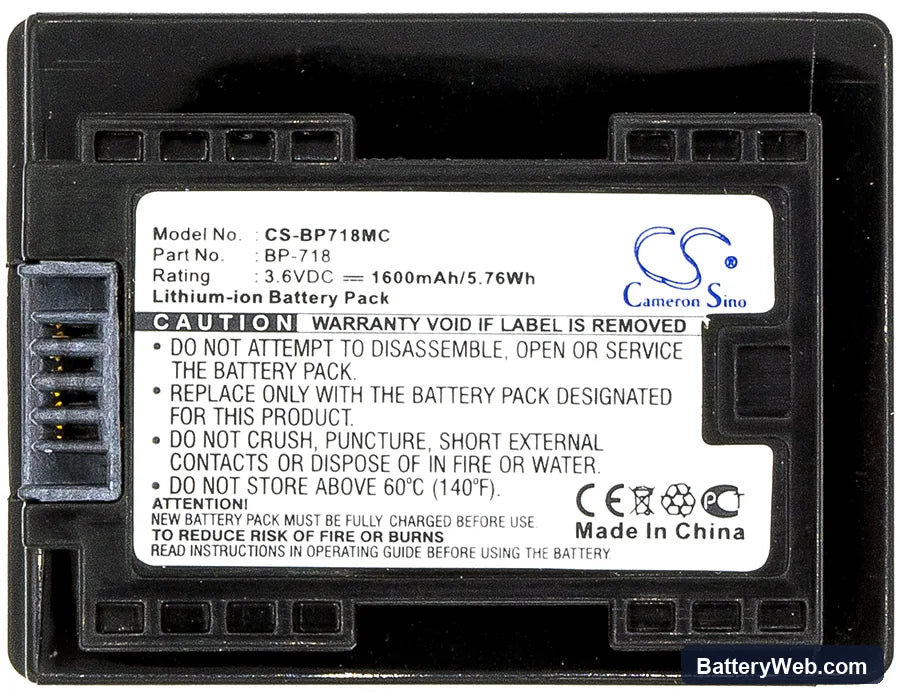 Canon VIXIA HF M52 Replacement Battery, 3.6V, 1600mAh, Li-ion 3