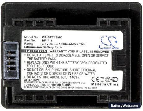 Canon VIXIA HF M52 Replacement Battery, 3.6V, 1600mAh, Li-ion 3