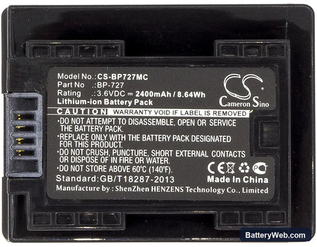 Canon VIXIA HF M52 Replacement Battery, 3.6V, 2400mAh, Li-ion 3