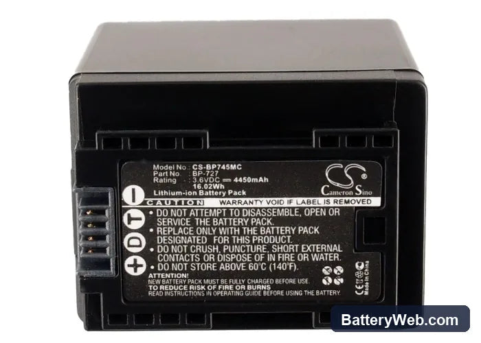 Canon VIXIA HF M52 Replacement Battery, 3.6V, 4450mAh, Li-ion 5