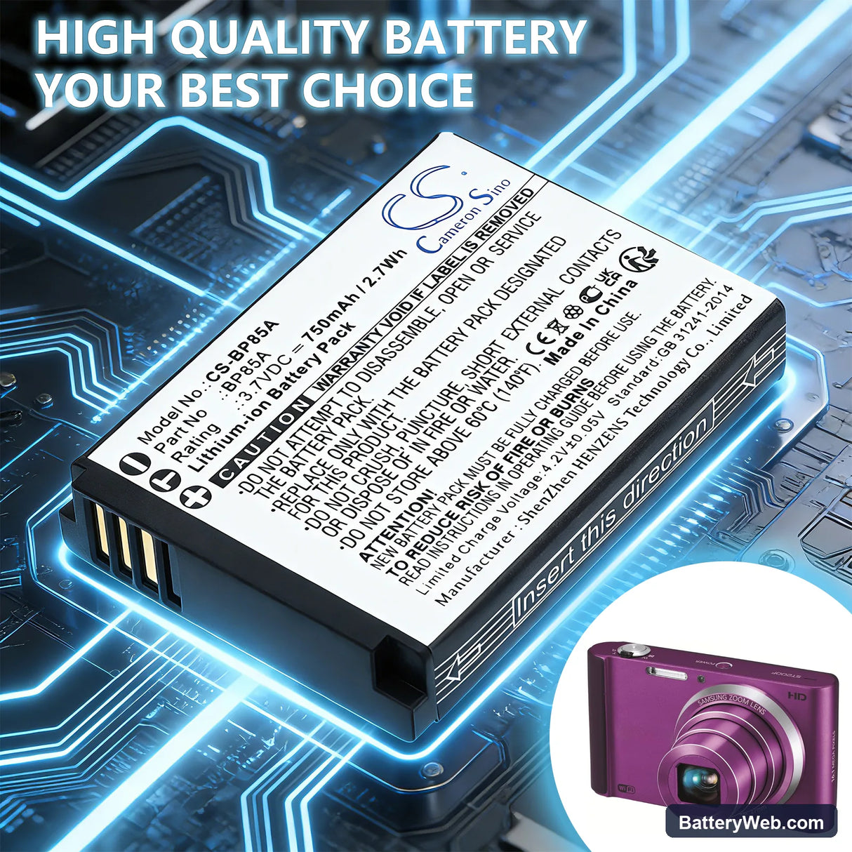 Samsung WB210 Replacement Battery, 3.7V, 750mAh, Li-ion 6