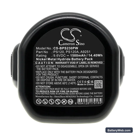 Black & Decker CD231 Replacement Battery, 9.6V, 1500mAh, Ni-MH 5