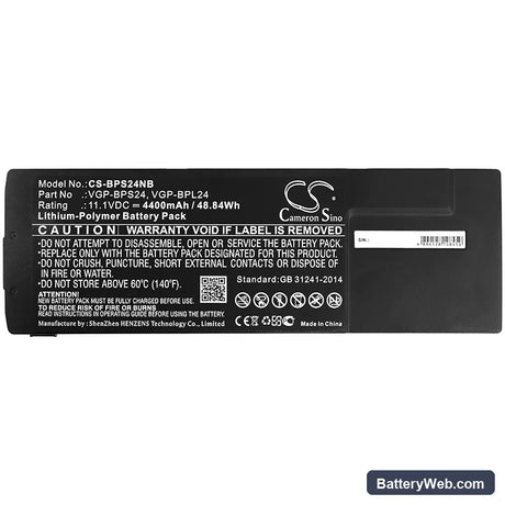 Sony VAIO VPC-SB11FX/B Replacement Battery, 11.1V, 4400mAh, Li-Polymer 3