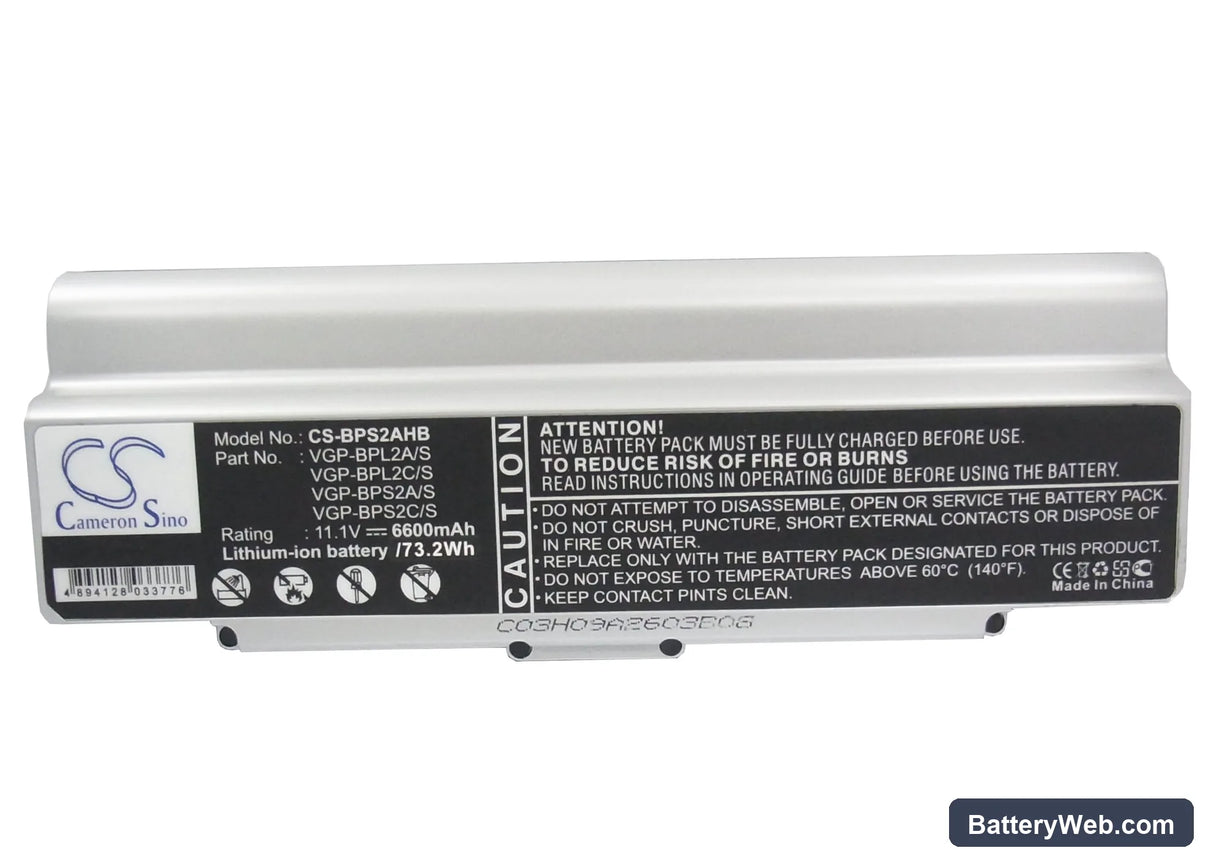 Sony VAIO VGN-C140G/B Replacement Battery, 11.1V, 6600mAh, Li-ion 5
