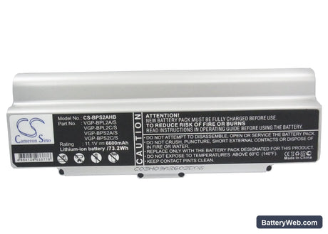 Sony VAIO VGN-C140G/B Replacement Battery, 11.1V, 6600mAh, Li-ion 5