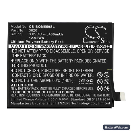 BQ Aquaris M5.5 Replacement Battery, 3.8V, 3400mAh, Li-Polymer 3