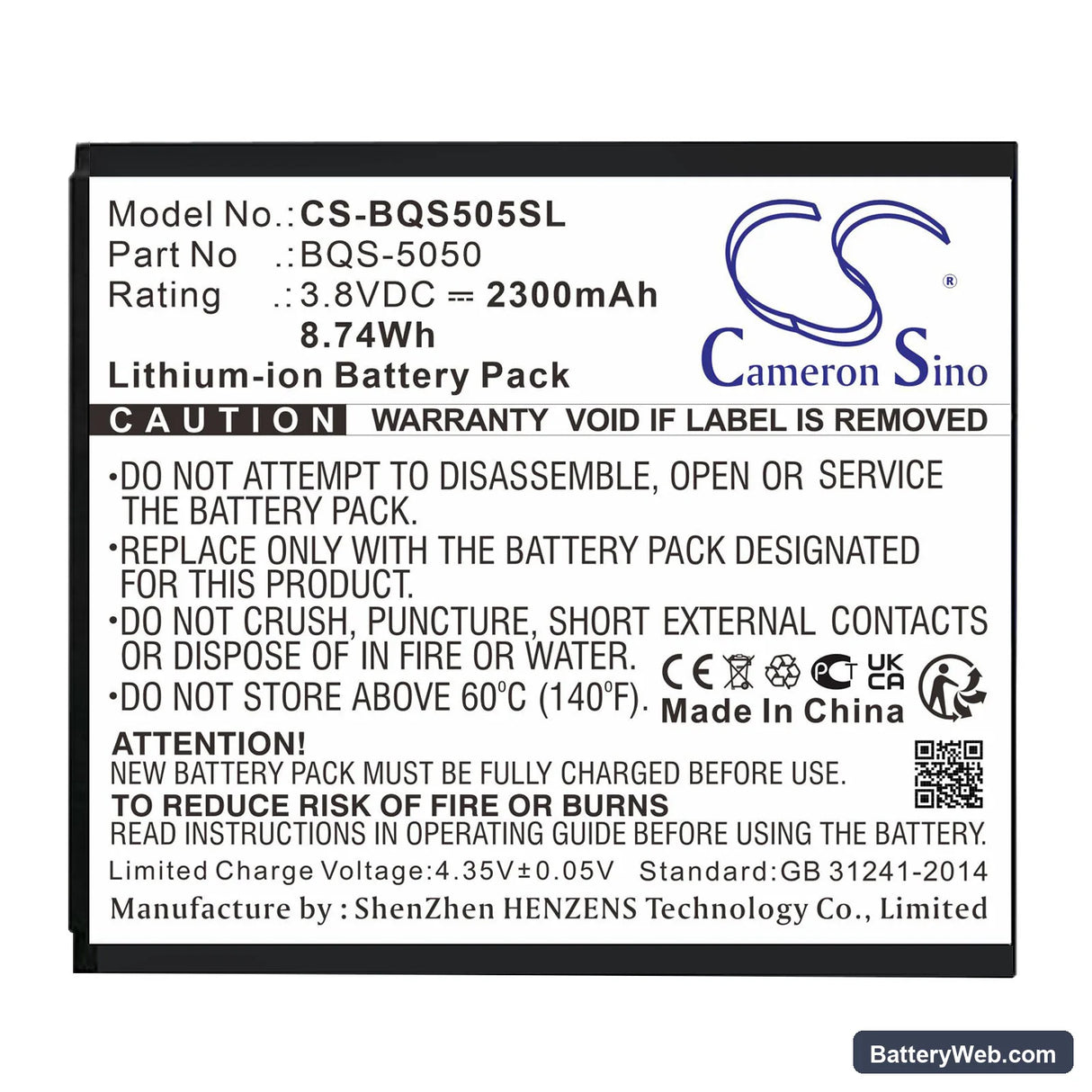 BQ BQS-5050 Replacement Battery, 3.8V, 2300mAh, Li-ion 1