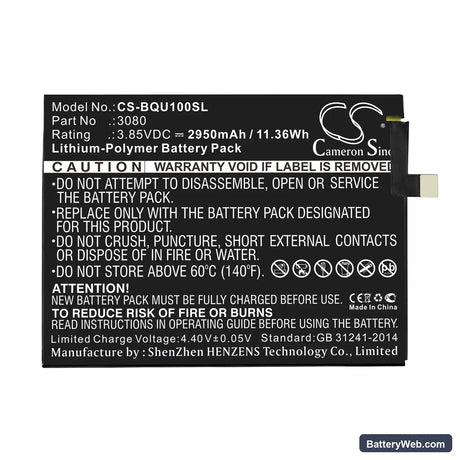BQ U Plus Replacement Battery, 3.85V, 2950mAh, Li-Polymer 3
