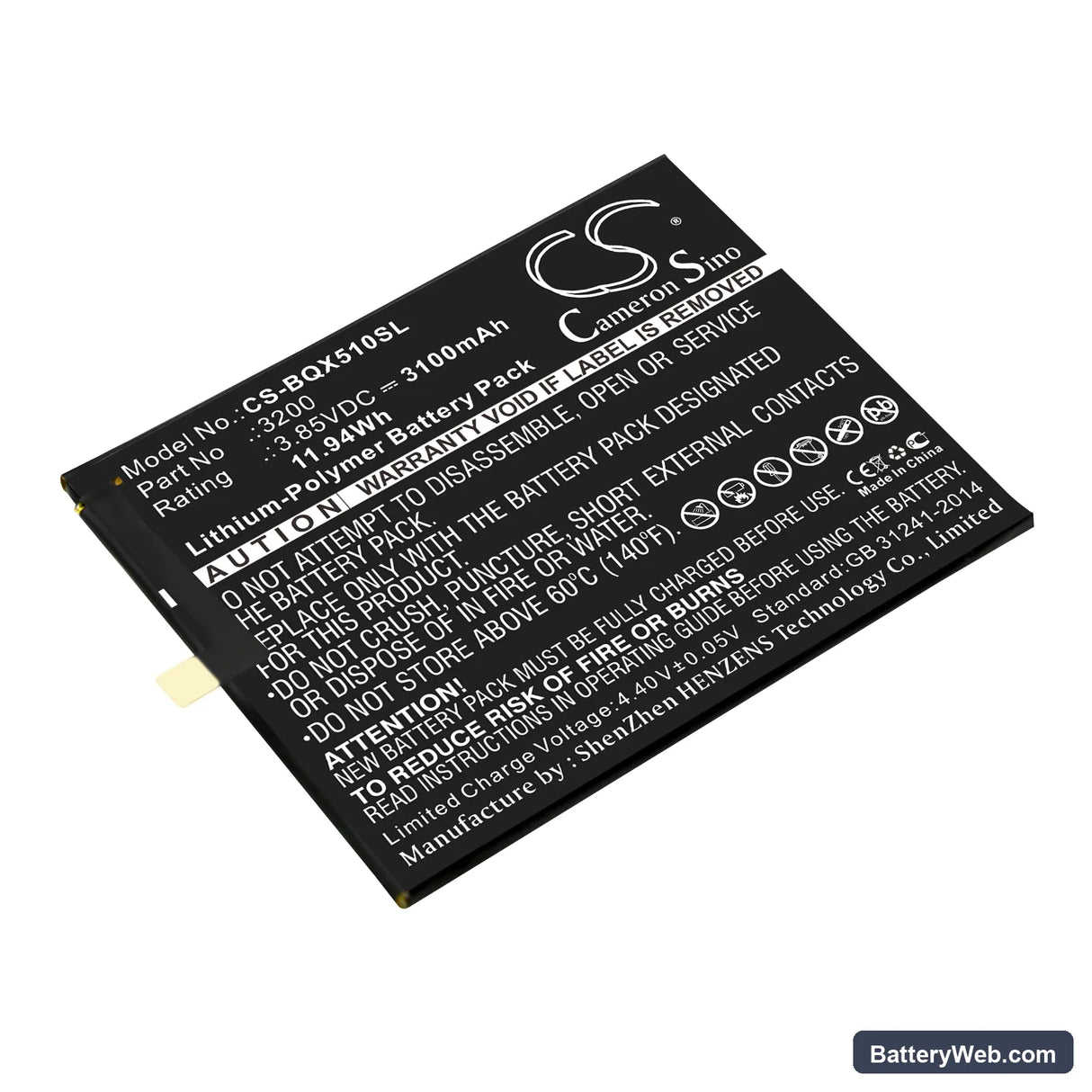 BQ Aquaris X5 Plus Replacement Battery, 3.85V, 3100mAh, Li-Polymer 1