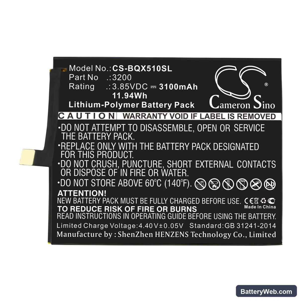BQ Aquaris X5 Plus Replacement Battery, 3.85V, 3100mAh, Li-Polymer 3