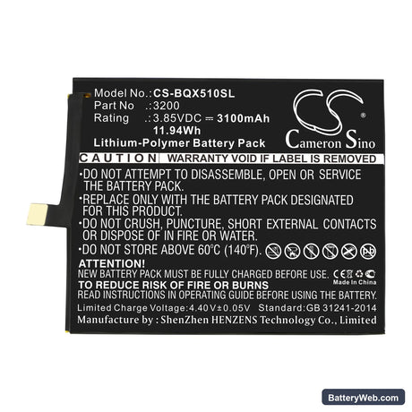 BQ Aquaris X5 Plus Replacement Battery, 3.85V, 3100mAh, Li-Polymer 3