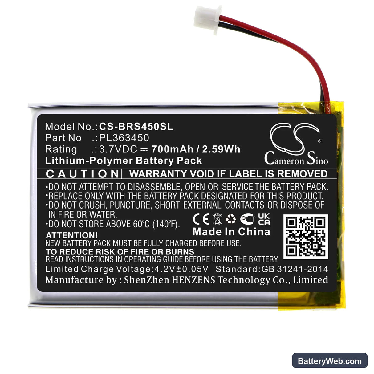 BlueParrott S450 Replacement Battery, 3.7V, 700mAh, Li-Polymer 3