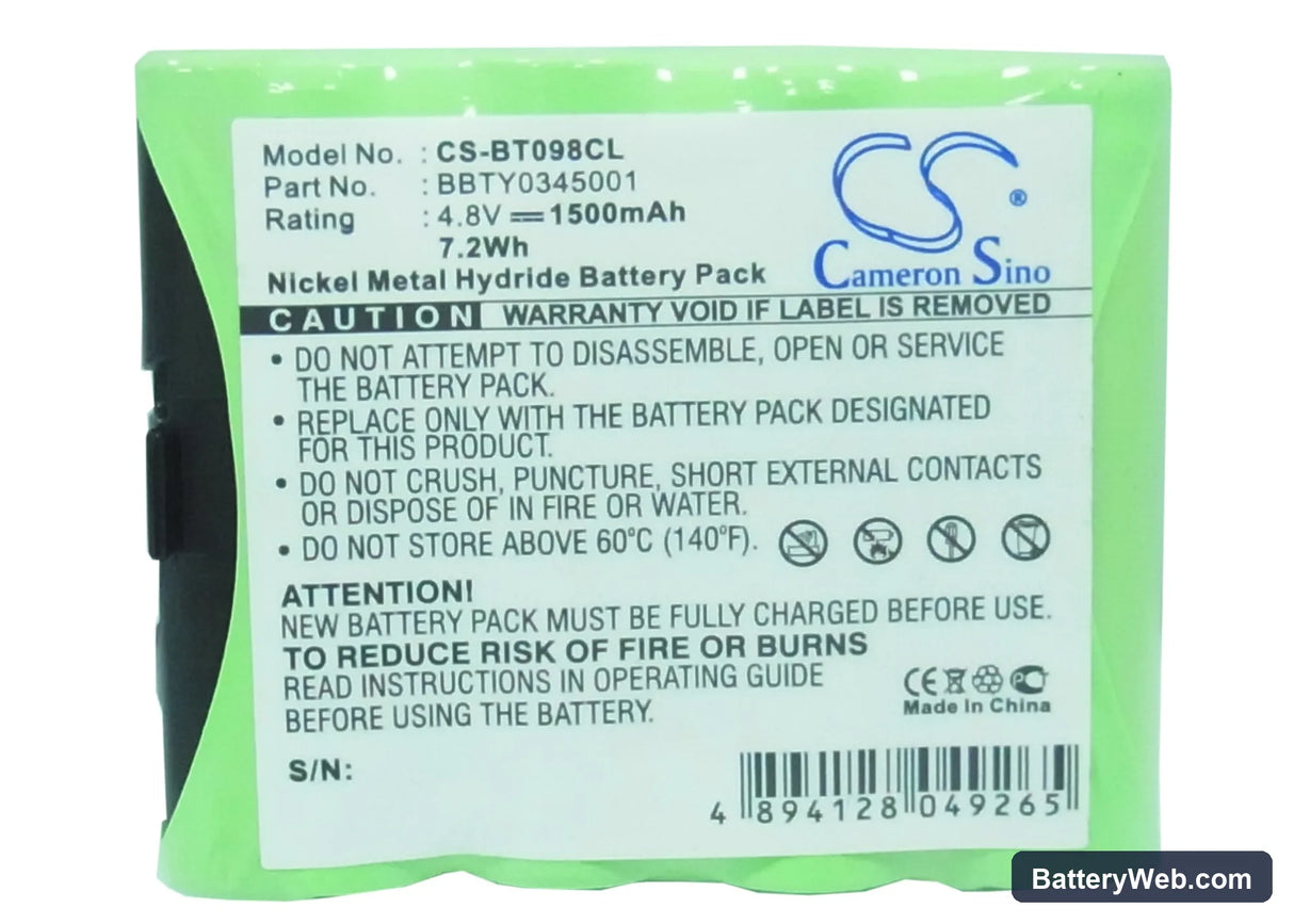 Toshiba BT-098 Replacement Battery, 4.8V, 1500mAh, Ni-MH 5