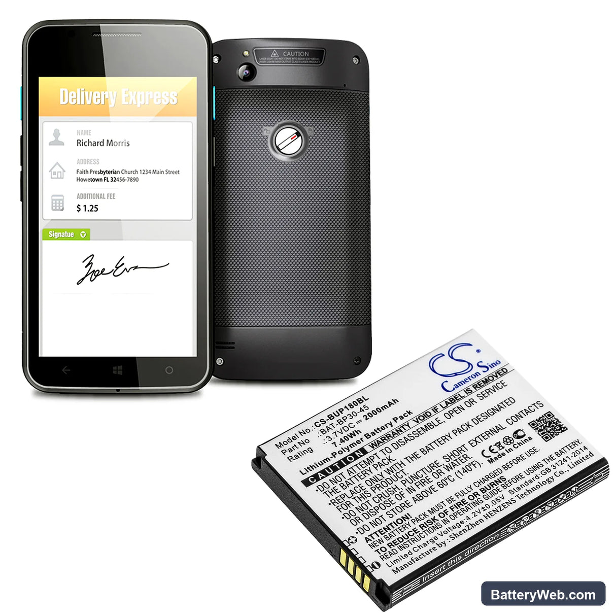 BlueBird BP30 Replacement Battery, 3.7V, 2000mAh, Li-Polymer 4