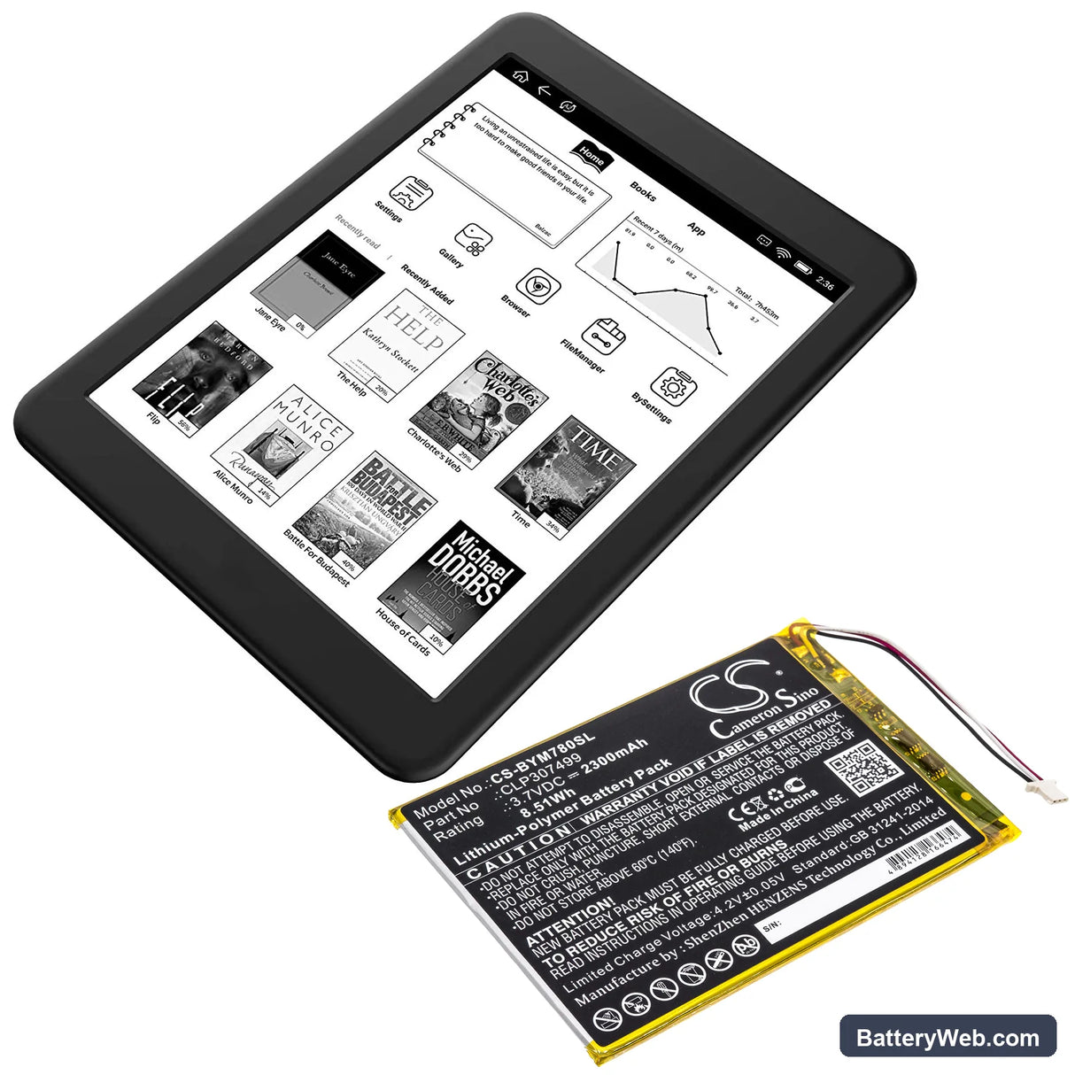 Boyue likebook Mars 7.8" Replacement Battery, 3.7V, 2300mAh, Li-Polymer 6