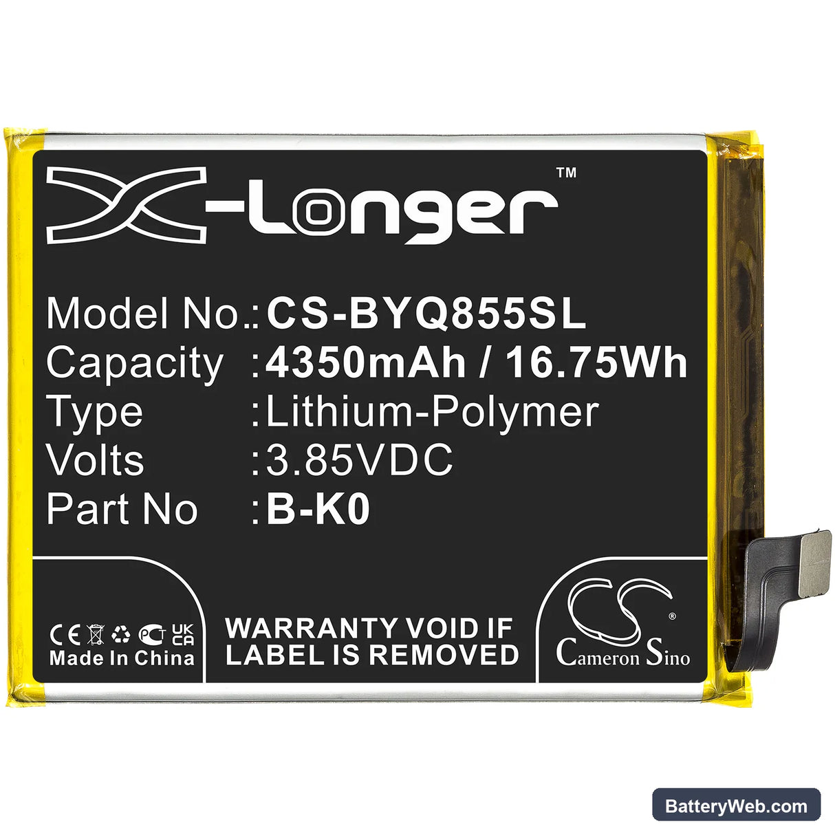 Vivo iQOO Neo 855 Replacement Battery, 3.85V, 4350mAh, Li-Polymer 3