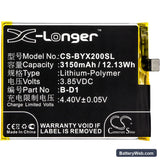 BBK VIVO X20A Replacement Battery, 3.85V, 3150mAh, Li-Polymer 3