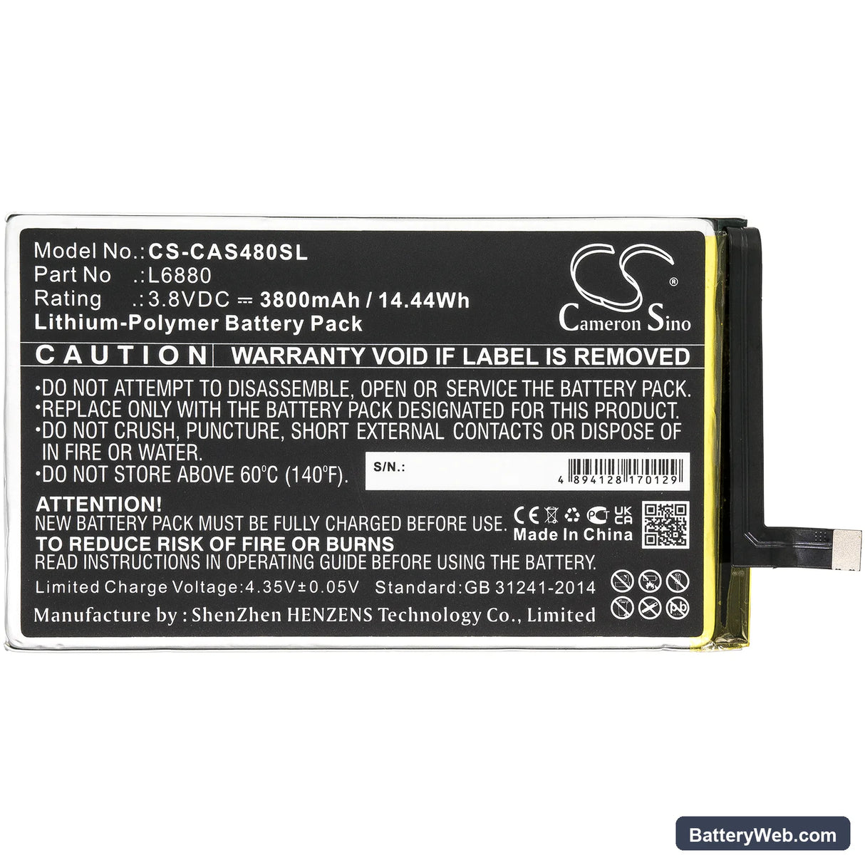 Sprint Caterpillar Cat S48c Replacement Battery, 3.8V, 3800mAh, Li-Polymer 3