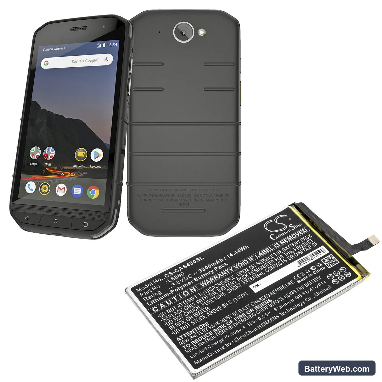 Sprint Caterpillar Cat S48c Replacement Battery, 3.8V, 3800mAh, Li-Polymer 5