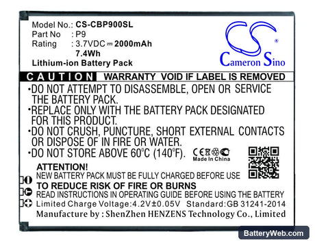 Cubot P9 Replacement Battery, 3.7V, 2000mAh, Li-ion 1