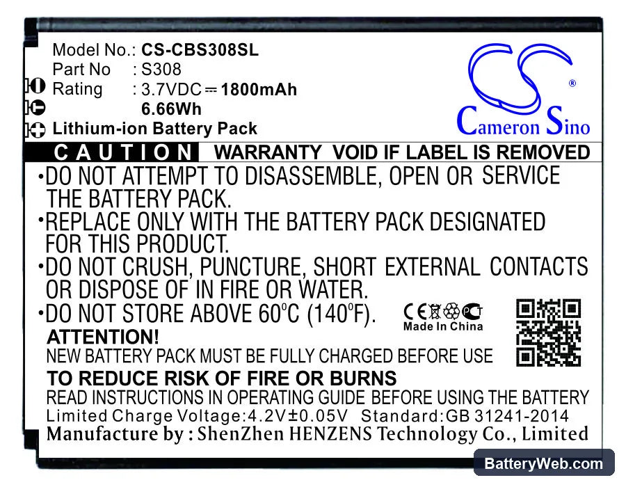 Cubot S308 Replacement Battery, 3.7V, 1800mAh, Li-ion 1