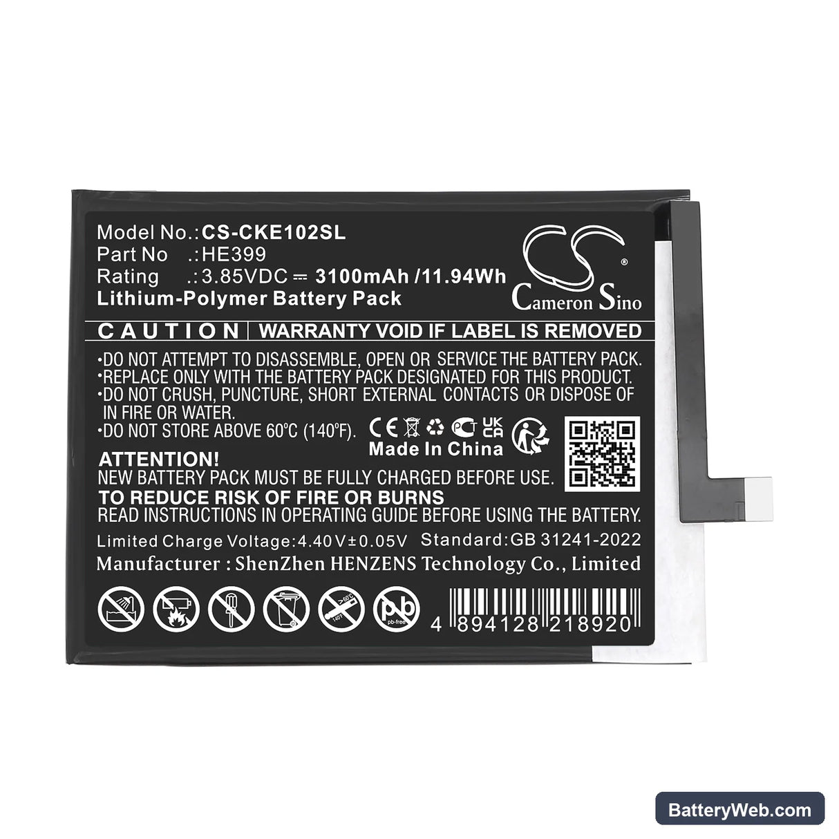 Cricket EC1002 Replacement Battery, 3.85V, 3100mAh, Li-Polymer 3