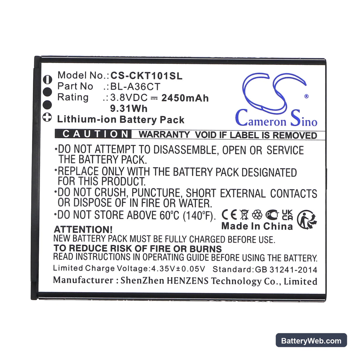 Cricket Debut Smart Replacement Battery, 3.8V, 2450mAh, Li-ion 3