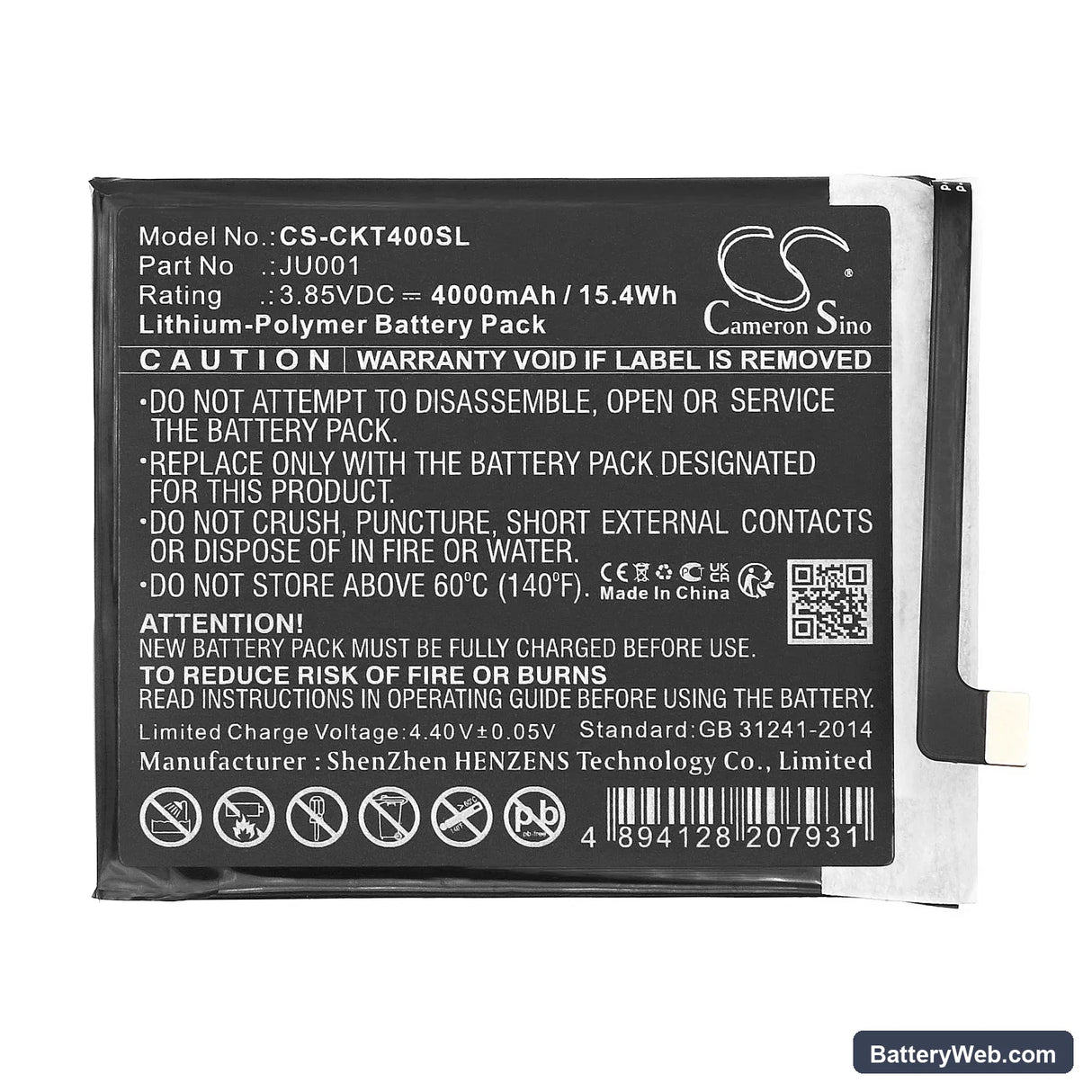 Cricket WTCKT01 Replacement Battery, 3.85V, 4000mAh, Li-Polymer 3