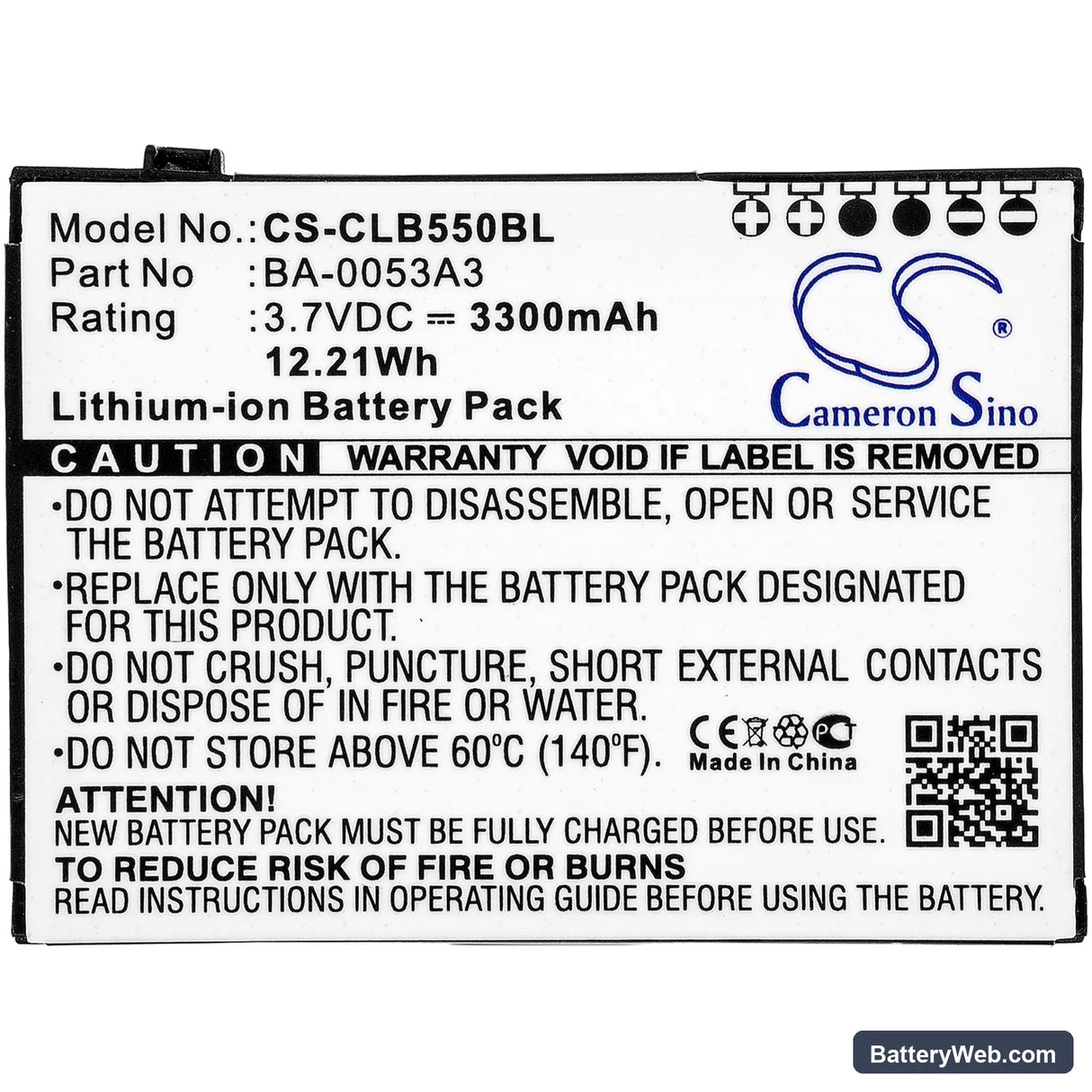 CipherLab CP55 Replacement Battery, 3.7V, 3300mAh, Li-ion 3