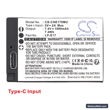 Canon EOS Kiss X8i Replacement Battery, 7.4V, 1000mAh, Li-ion 5