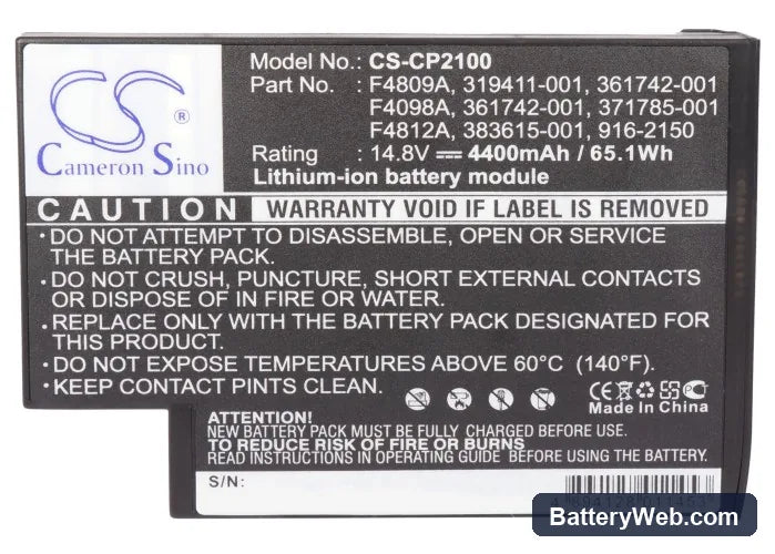 HP Business Notebook N1050v Series Replacement Battery, 14.8V, 4400mAh, Li-ion 5