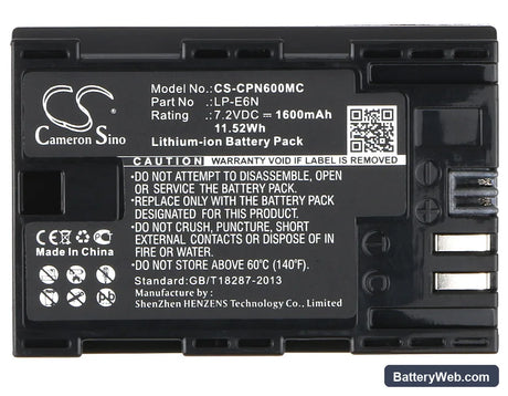 Canon EOS 5D Mark II Replacement Battery, 7.2V, 1600mAh, Li-ion 5